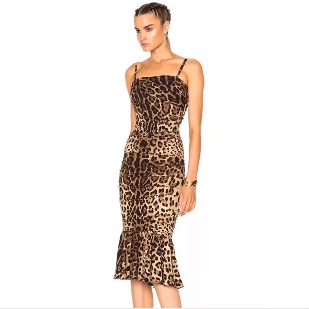 DOLCE & GABBANA Leopard Print Ruched Midi Dress - Picture 1 of 8